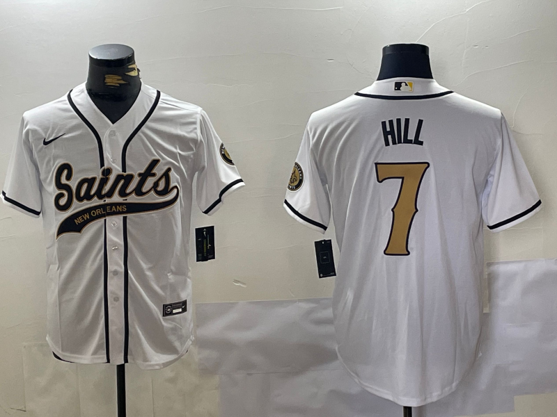 Men's New Orleans Saints #7 Taysom Hill White With Patch Cool Base Stitched Baseball Jersey Men's New Orleans Saints #7 Taysom Hill White With Patch Cool Base Stitched Baseball Jersey